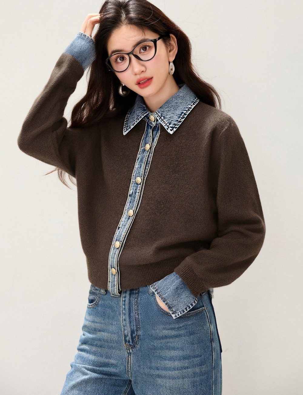 Splice denim tops temperament lazy sweater for women