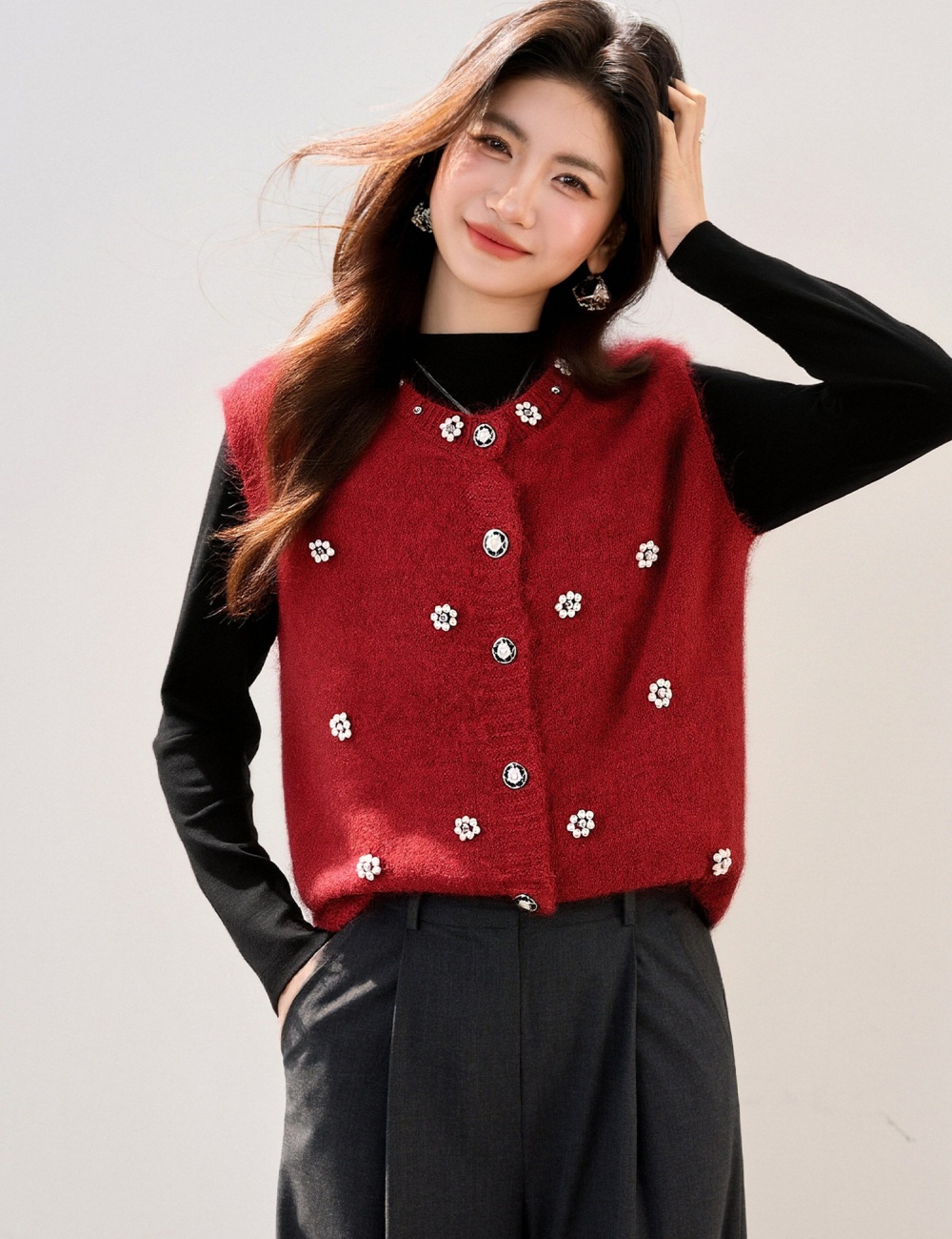 Spring beading waistcoat retro flowers tops for women