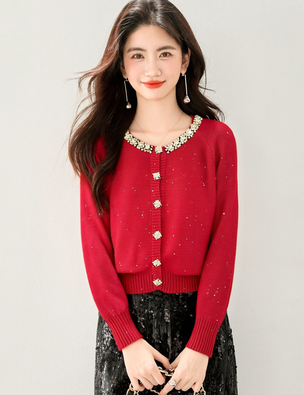 Slim spring knitted cardigan France style long sleeve tops
