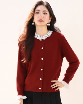 Red retro spring beading lace splice Pseudo-two sweater