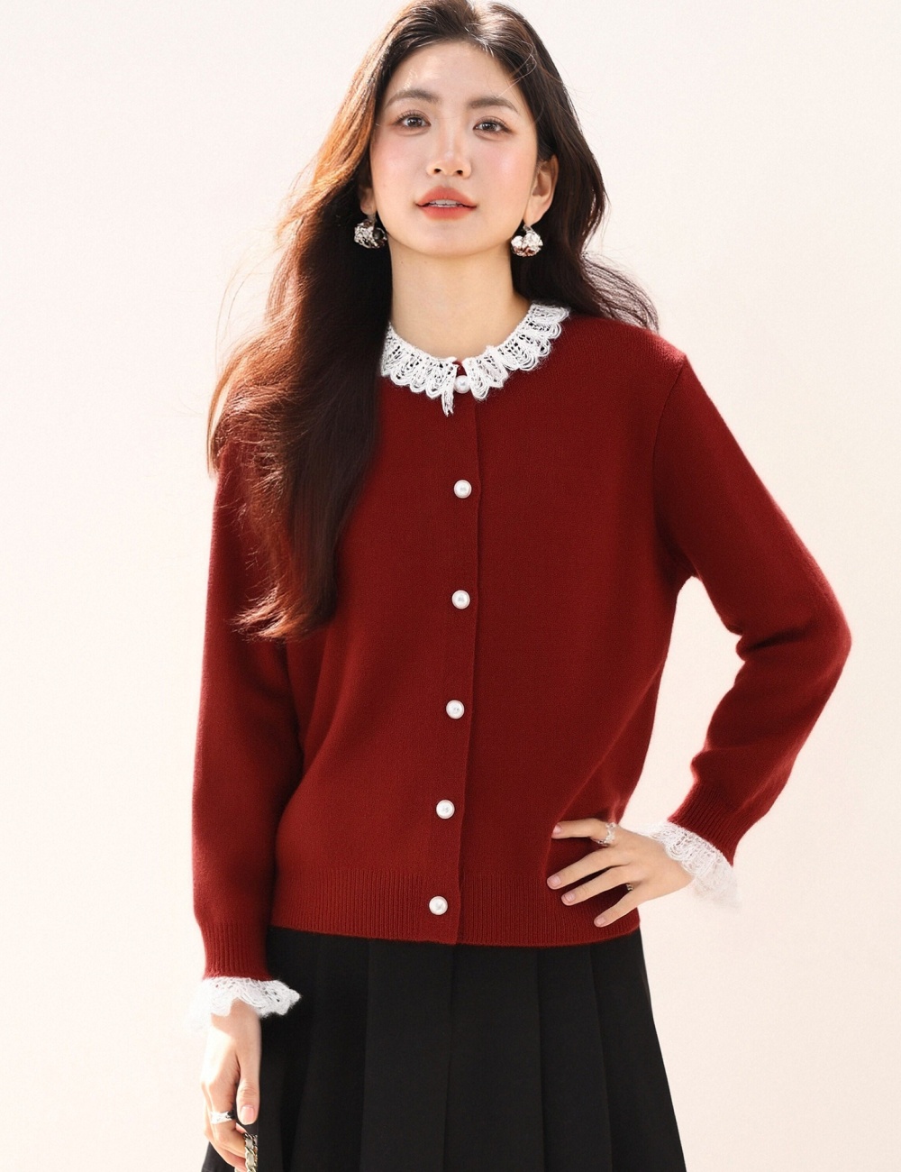 Red retro spring beading lace splice Pseudo-two sweater