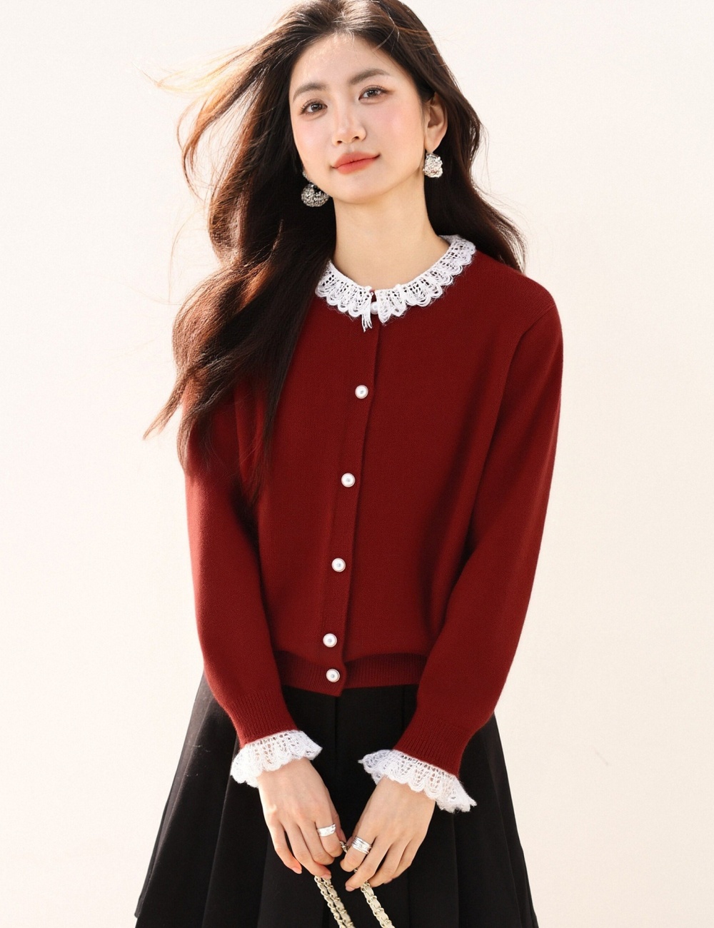 Red retro spring beading lace splice Pseudo-two sweater
