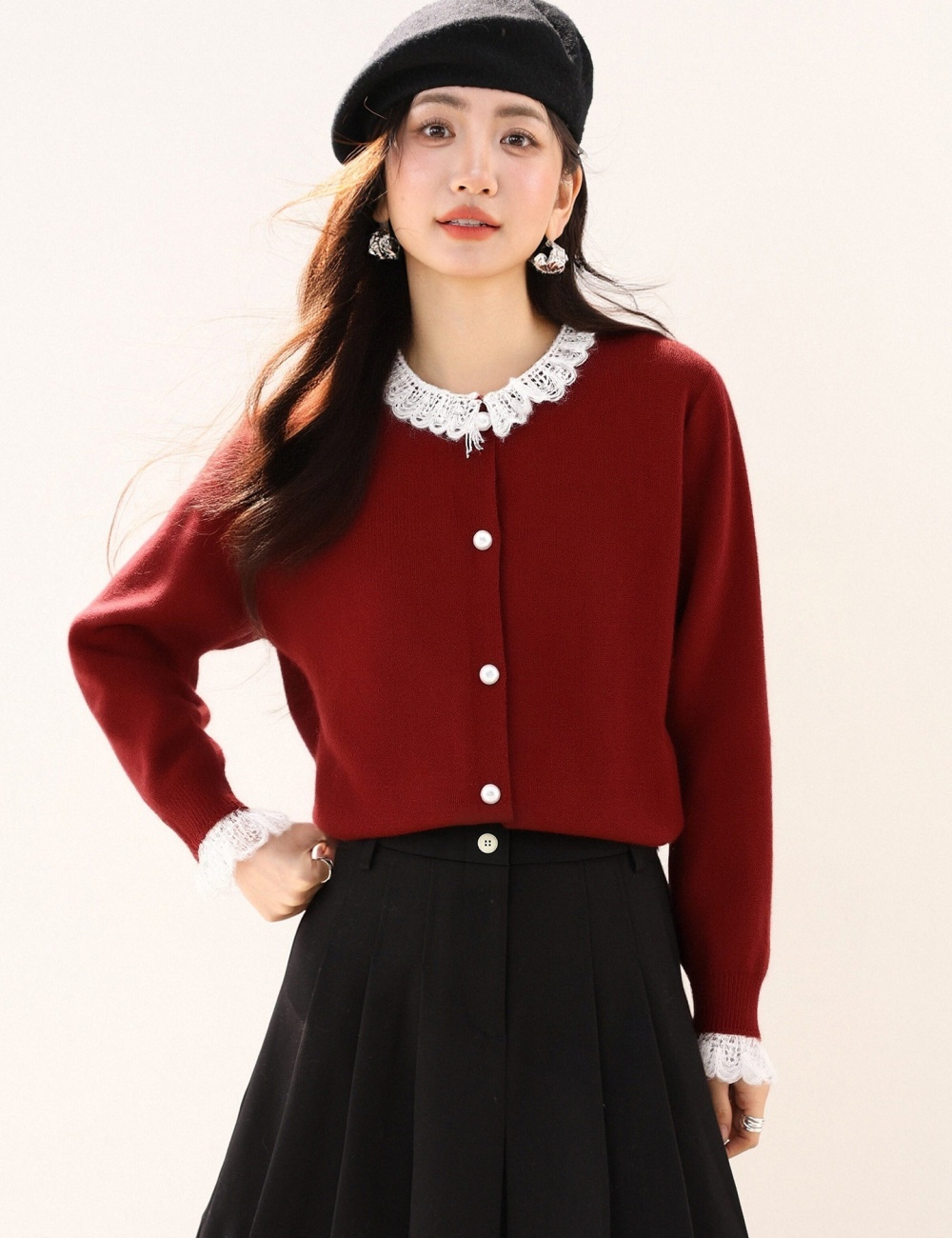 Red retro spring beading lace splice Pseudo-two sweater