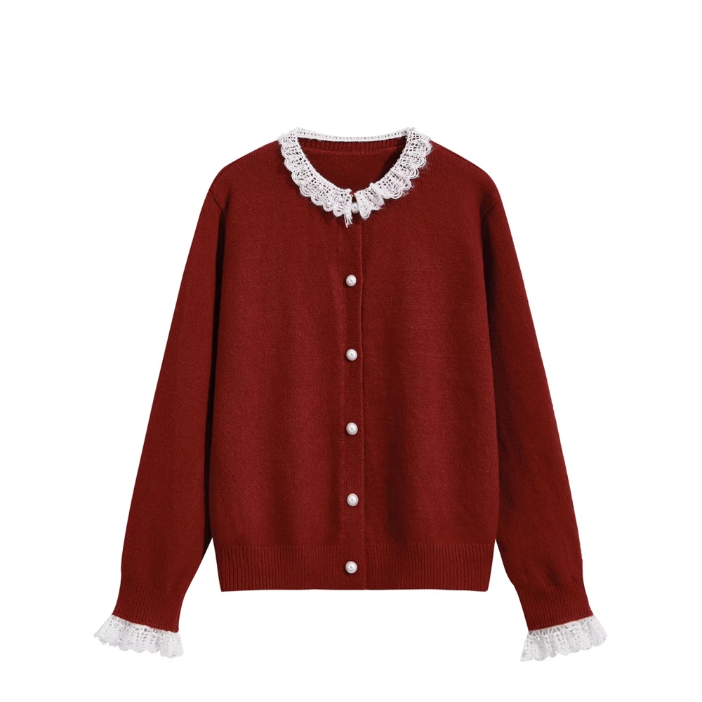Red retro spring beading lace splice Pseudo-two sweater