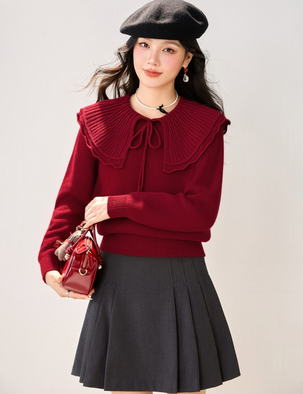 Lotus leaf collar lace long sleeve Korean style sweater