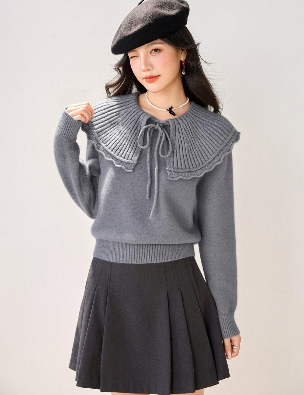 Lotus leaf collar lace long sleeve Korean style sweater
