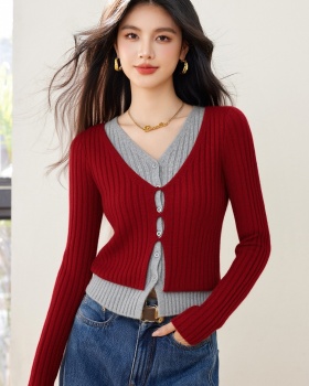 Lazy loose Pseudo-two sweater red pullover spring tops