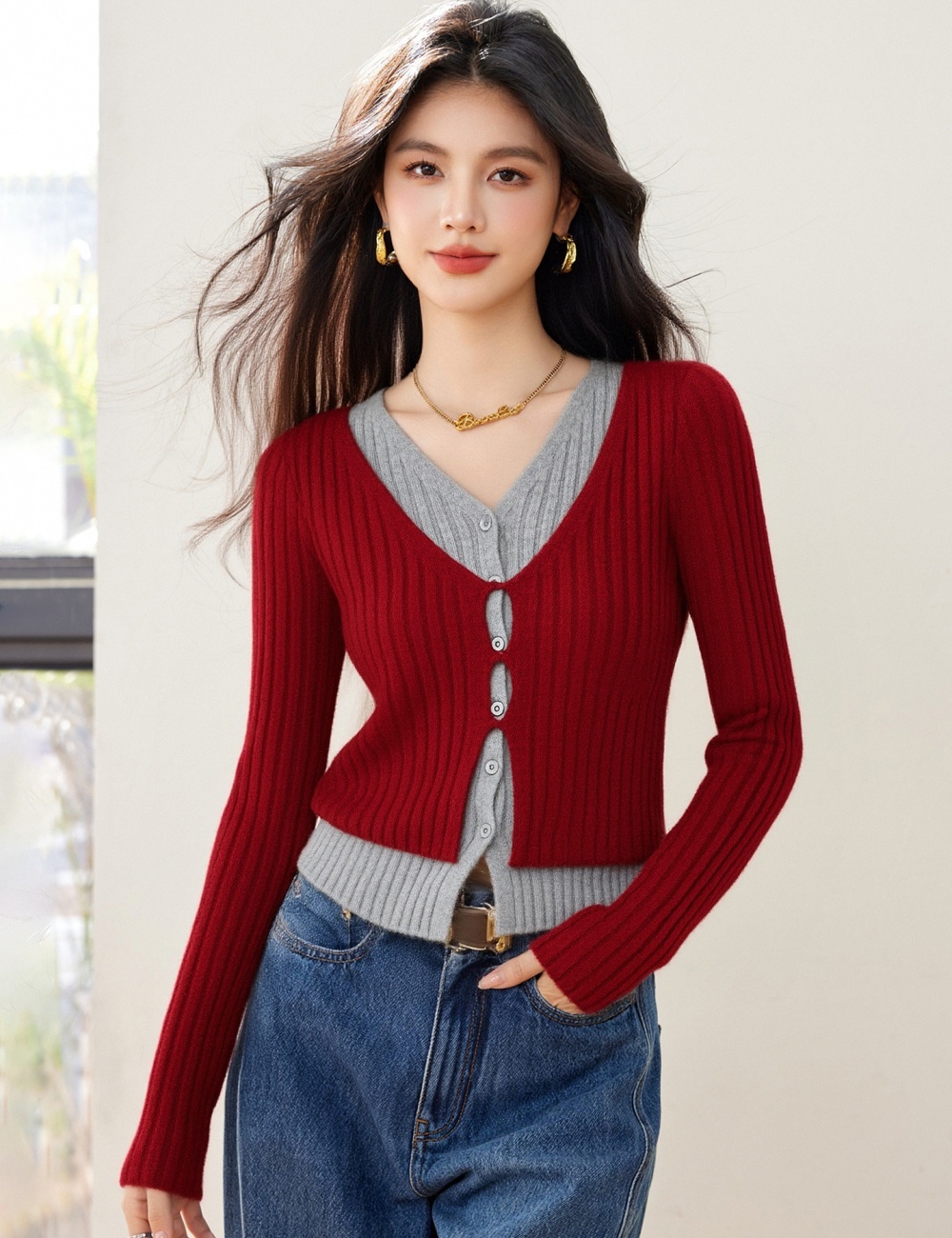 Lazy loose Pseudo-two sweater red pullover spring tops