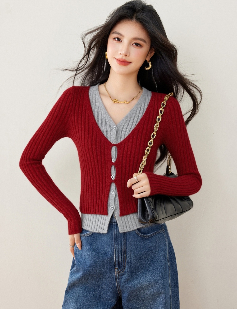 Lazy loose Pseudo-two sweater red pullover spring tops