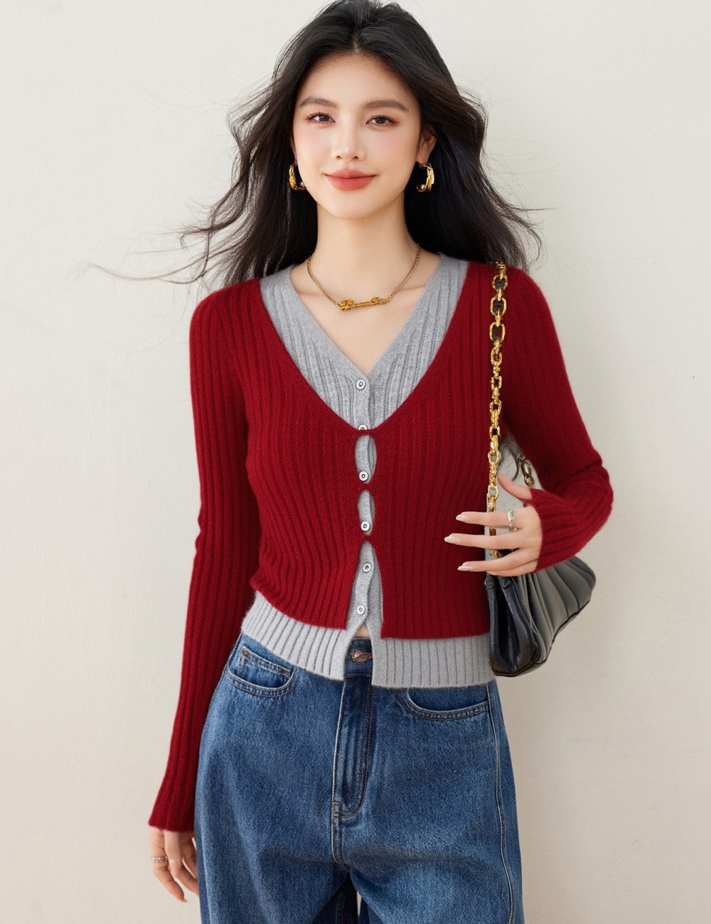 Lazy loose Pseudo-two sweater red pullover spring tops