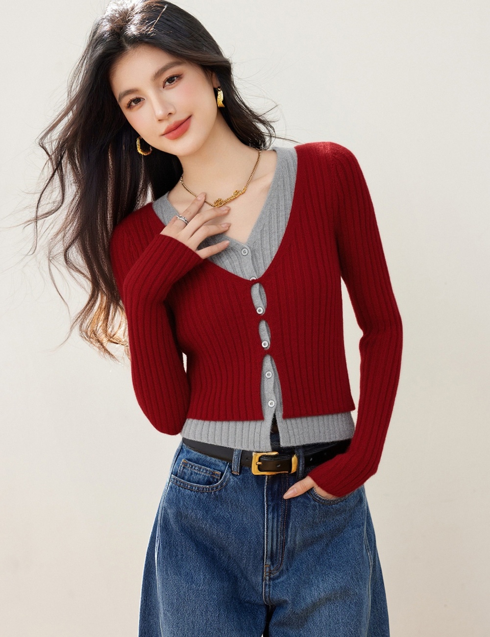 Lazy loose Pseudo-two sweater red pullover spring tops