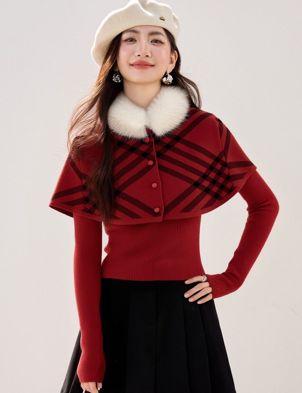 Plush collar red cloak spring shawl