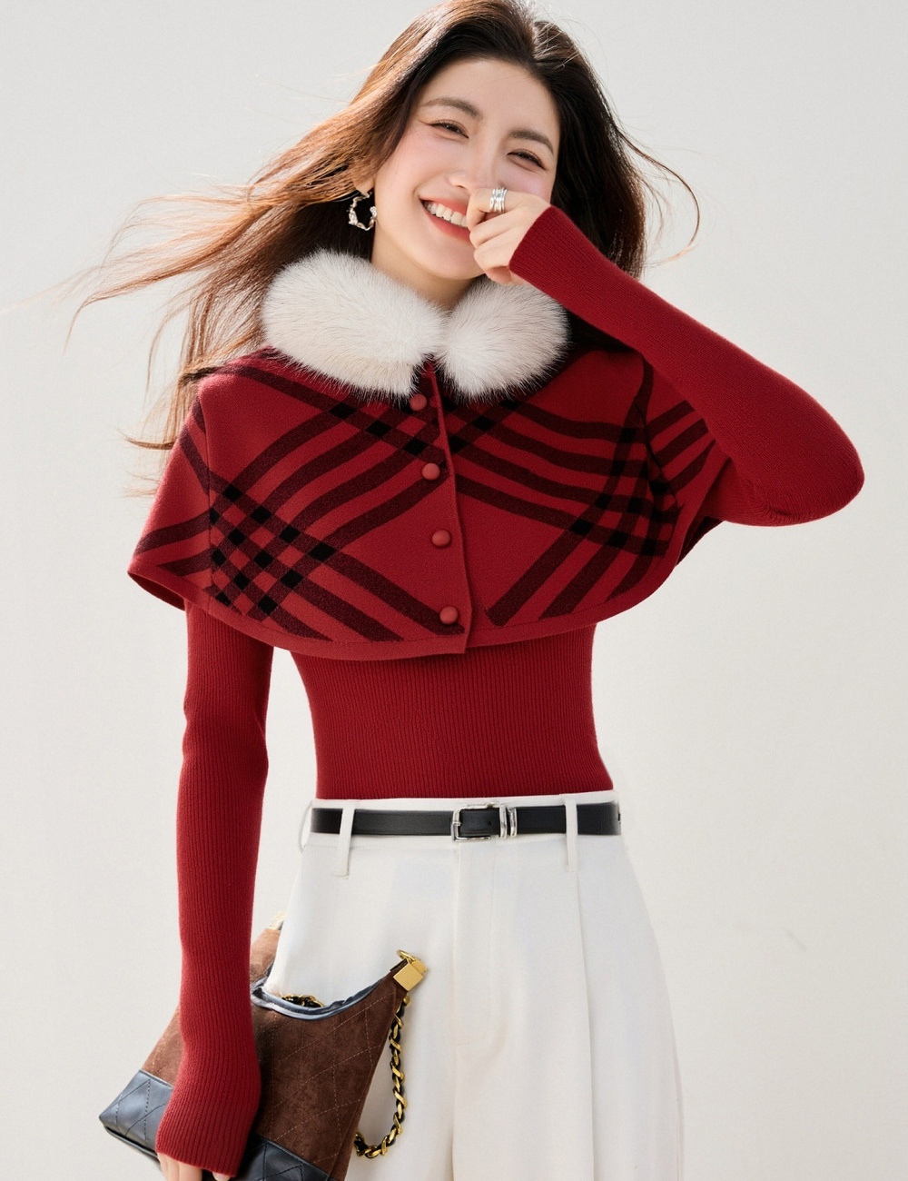 Plush collar red cloak spring shawl