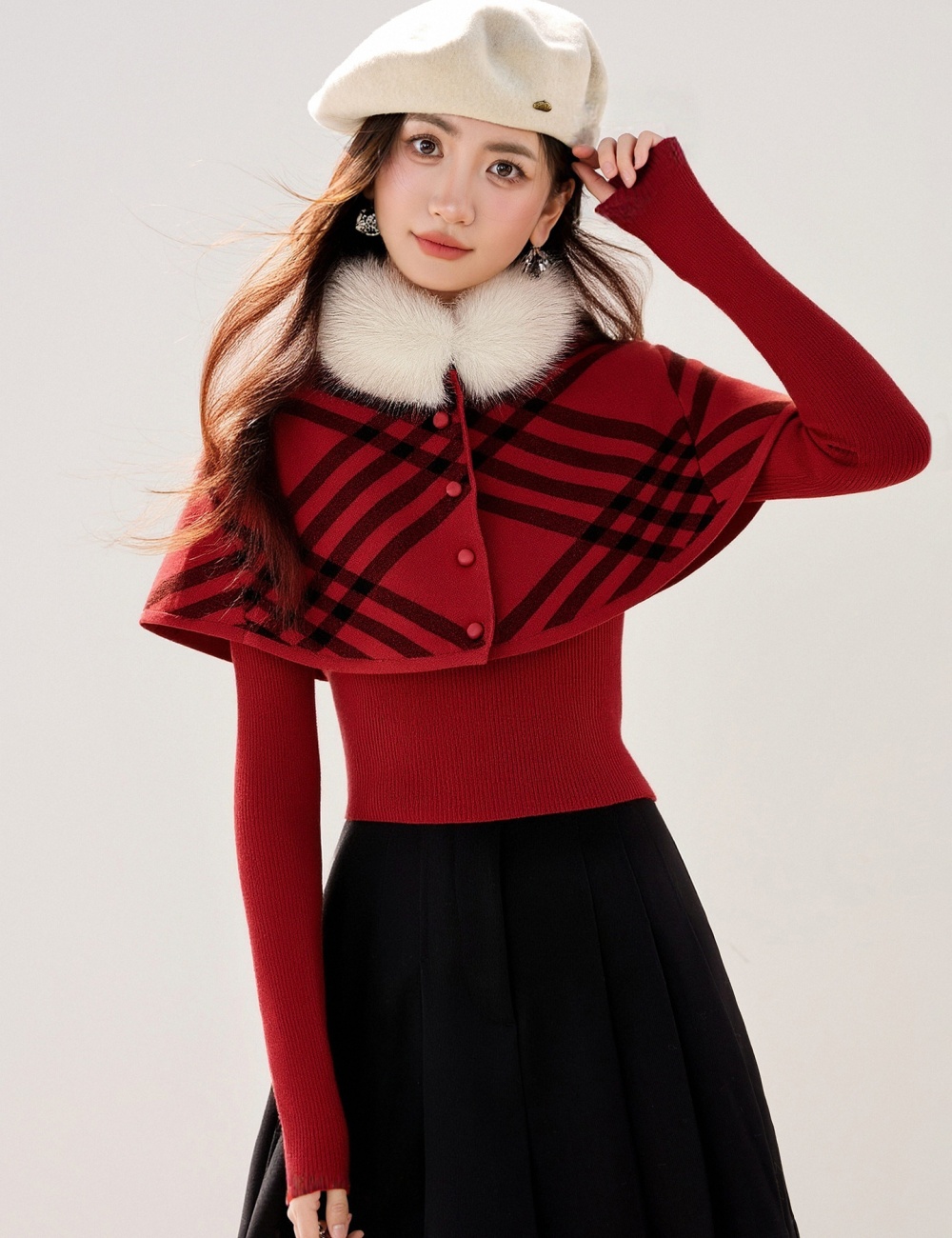 Plush collar red cloak spring shawl