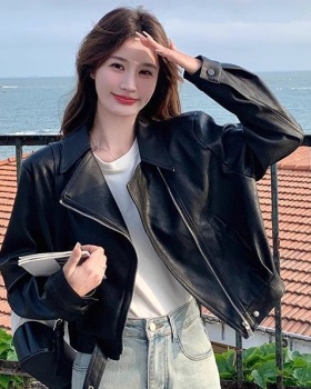 Locomotive autumn coat black leather coat for women