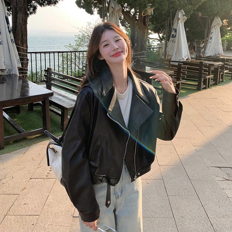 Locomotive autumn coat black leather coat for women