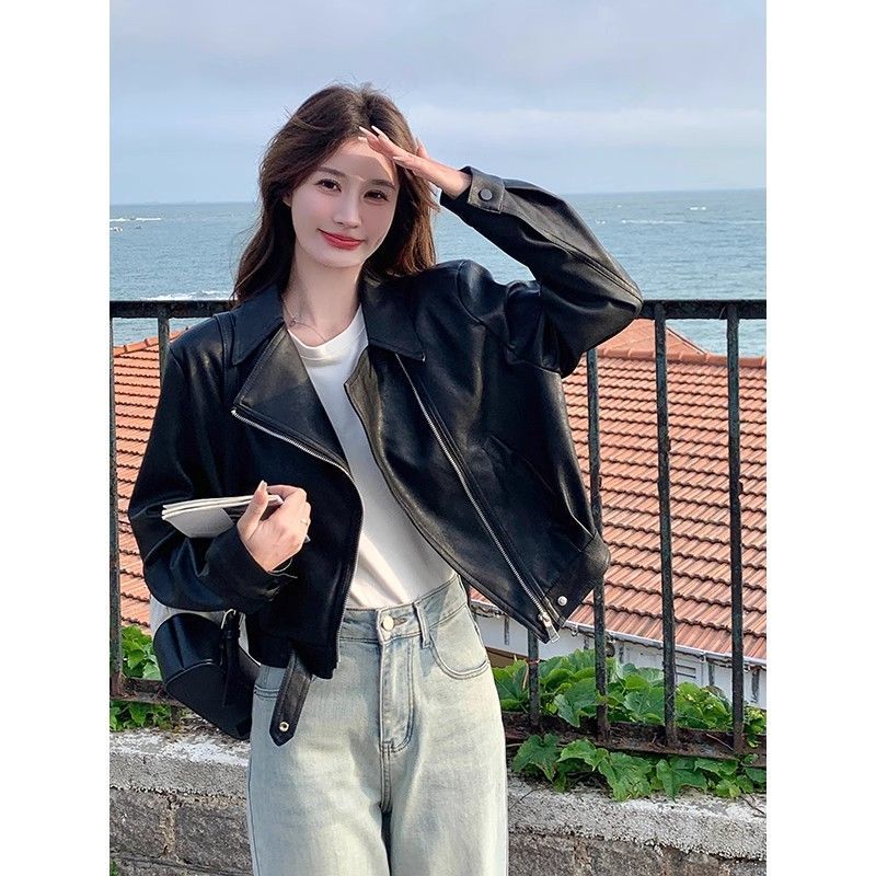 Locomotive autumn coat black leather coat for women