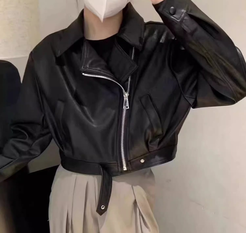 Locomotive autumn coat black leather coat for women