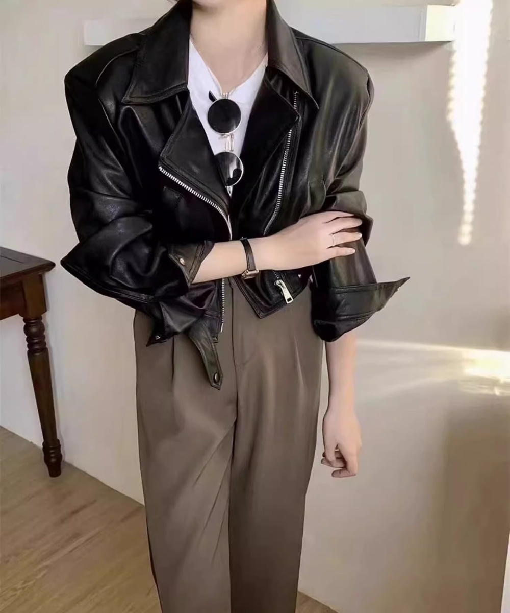 Locomotive autumn coat black leather coat for women