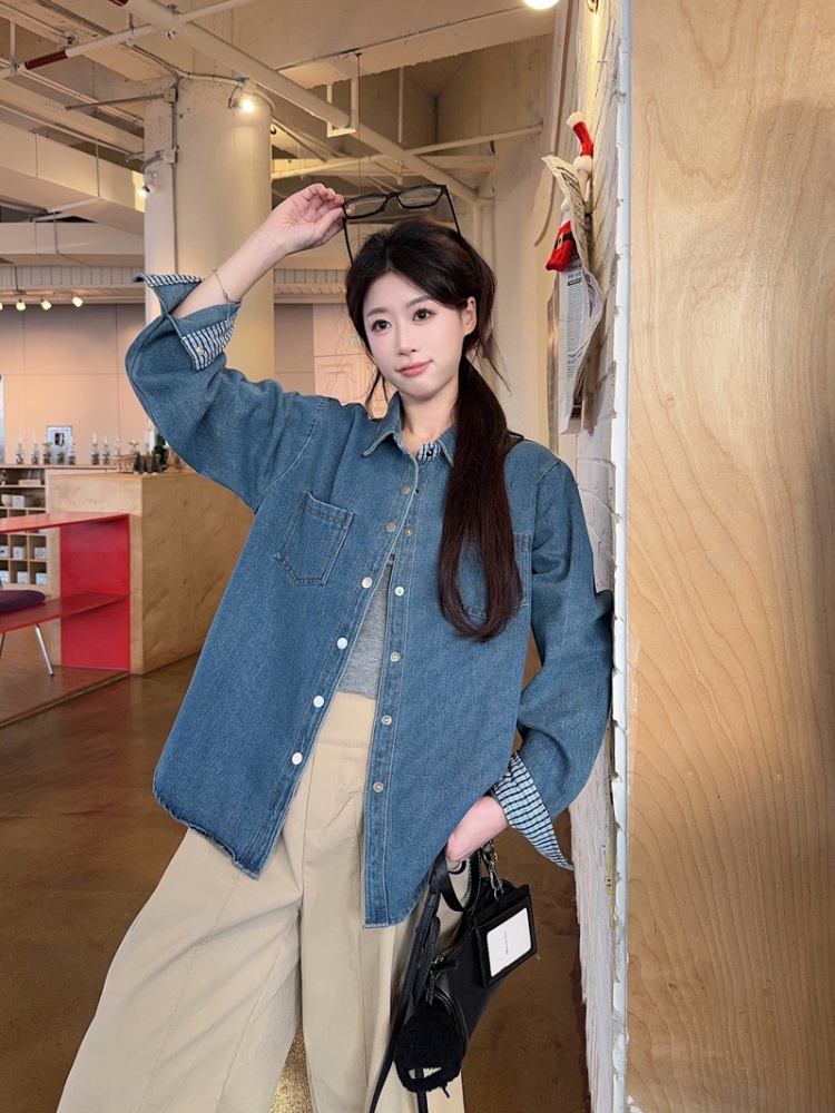 Casual washed fashion shirt spring denim long sleeve tops