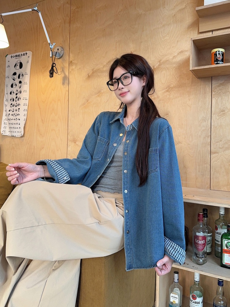 Casual washed fashion shirt spring denim long sleeve tops