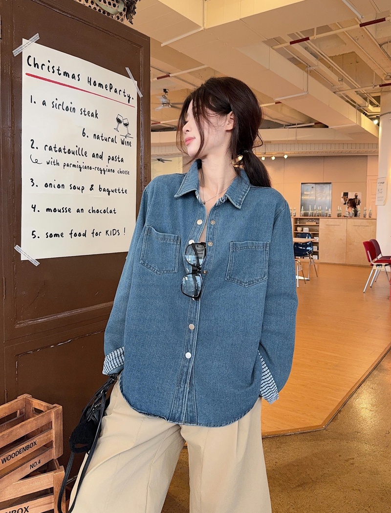 Casual washed fashion shirt spring denim long sleeve tops