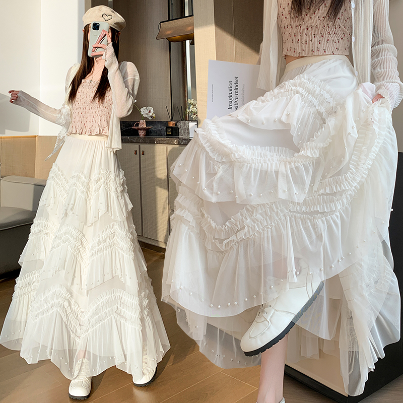 A-line cake gauze wood ear irregular skirt for women
