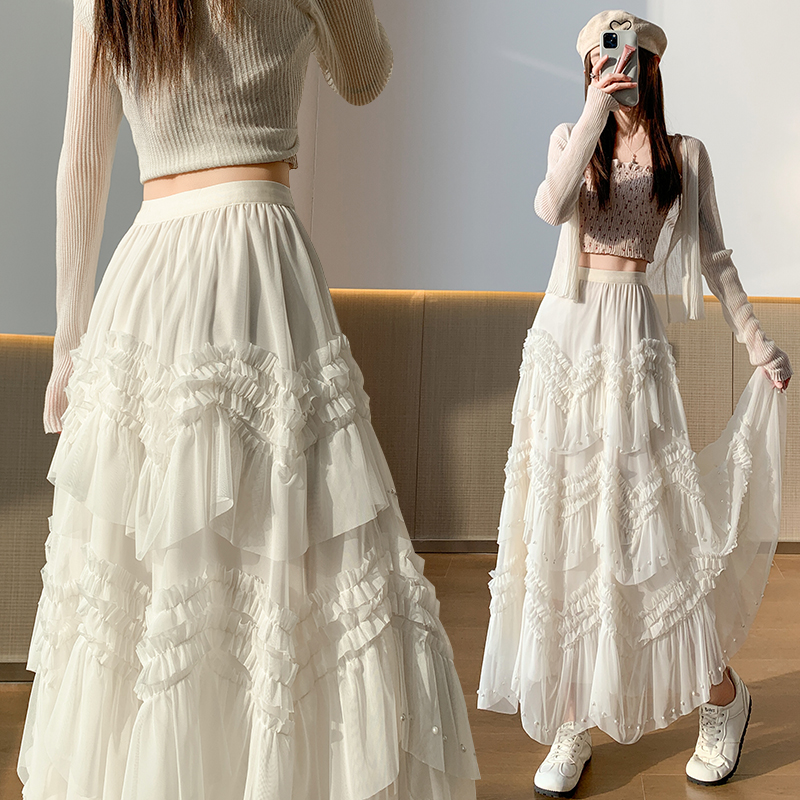 A-line cake gauze wood ear irregular skirt for women