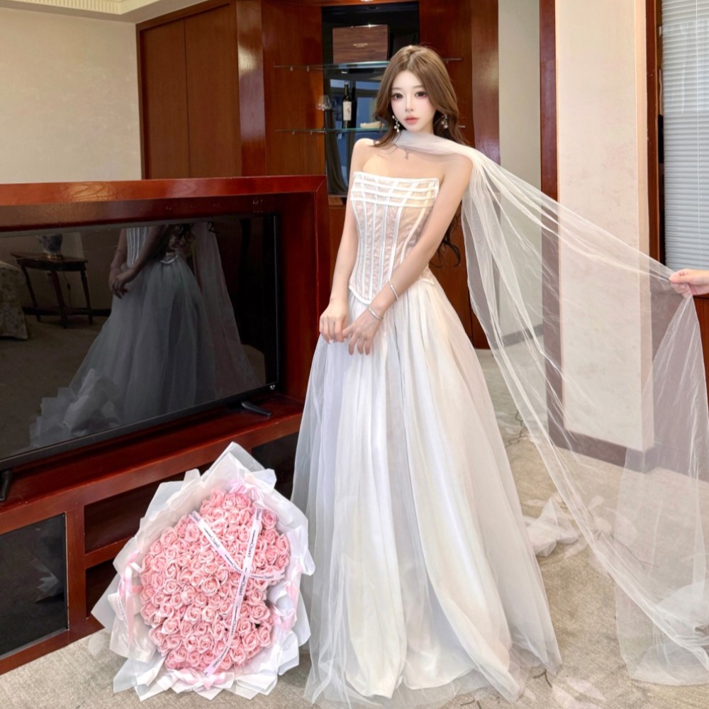 Temperament lace tops pinched waist double long skirt a set