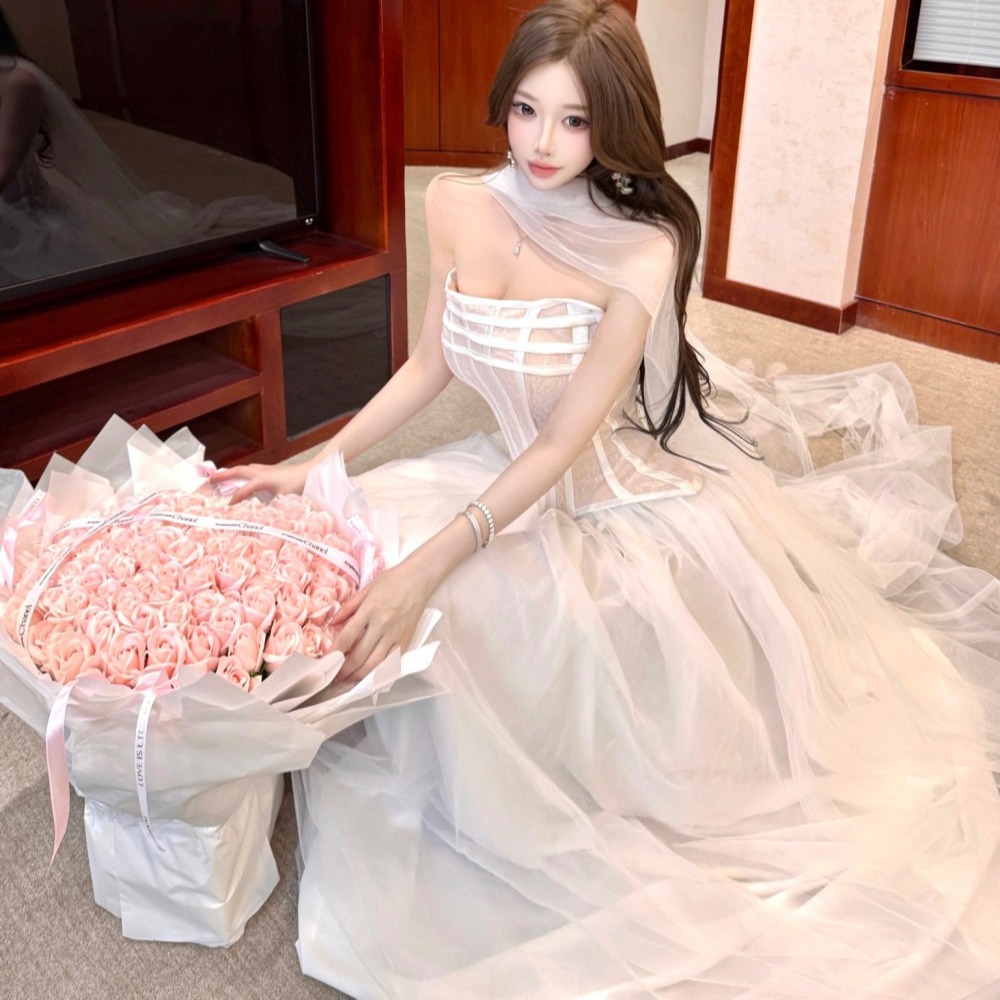 Temperament lace tops pinched waist double long skirt a set