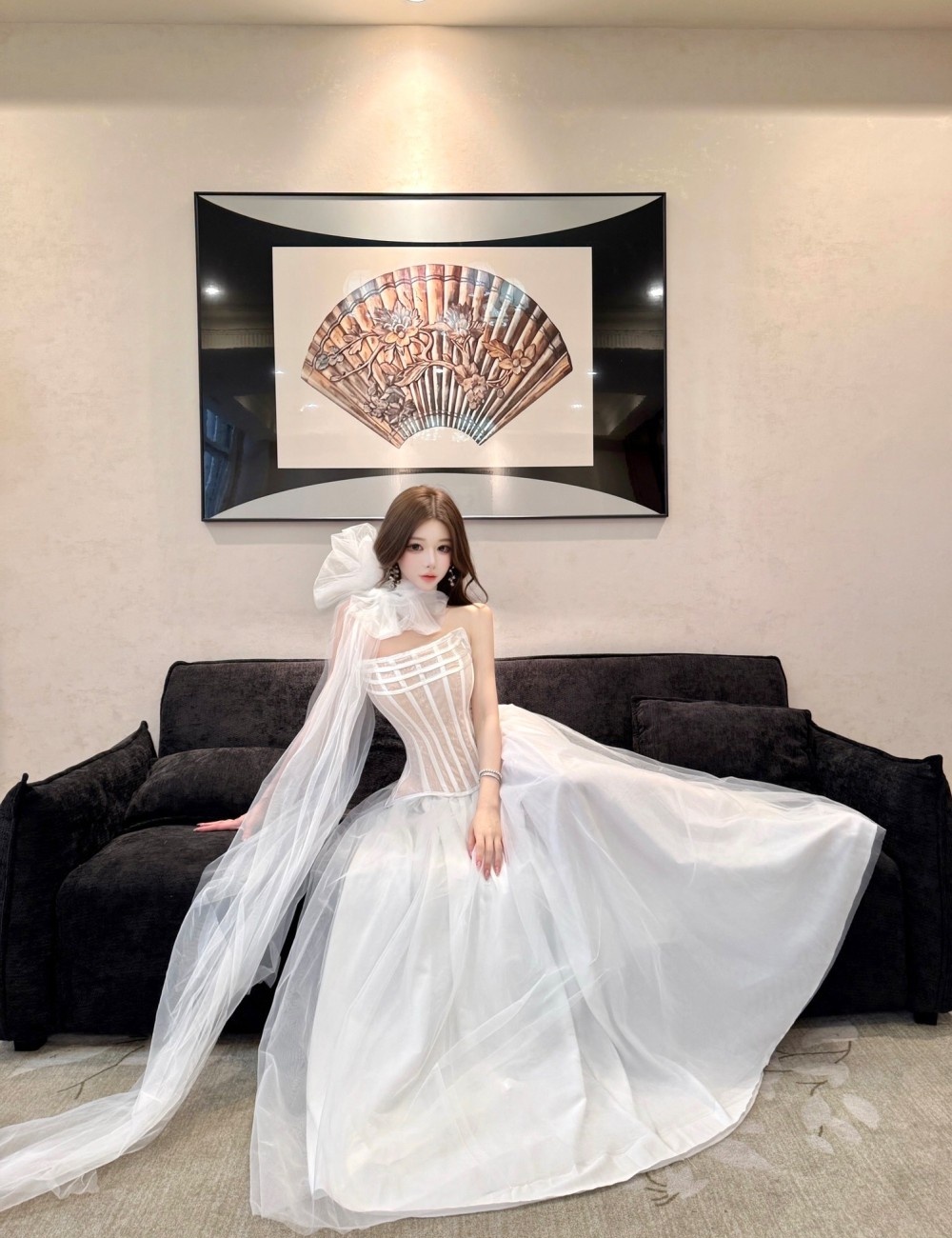 Temperament lace tops pinched waist double long skirt a set