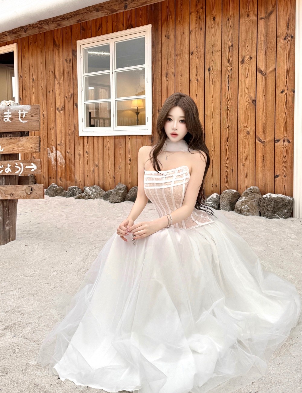 Temperament lace tops pinched waist double long skirt a set