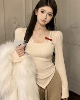 Lace Pseudo-two splice all-match slim short bottoming shirt