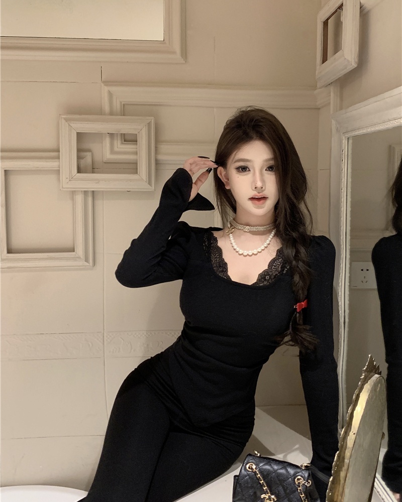 Lace Pseudo-two splice all-match slim short bottoming shirt