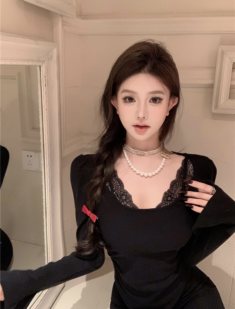 Lace Pseudo-two splice all-match slim short bottoming shirt