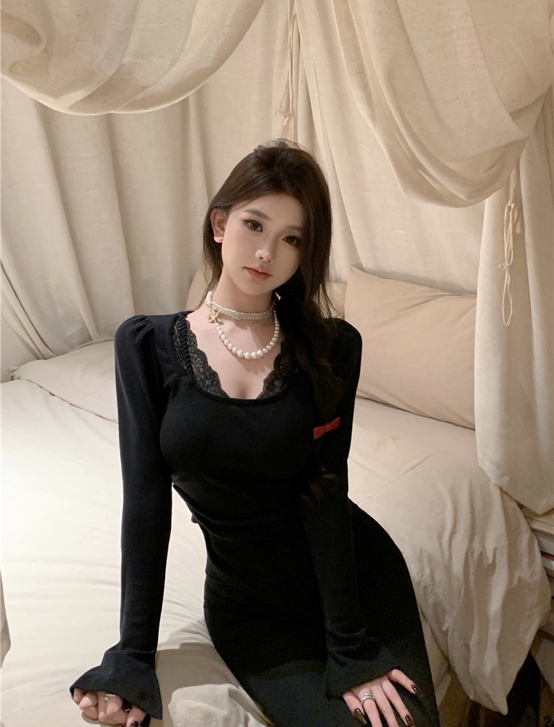 Lace Pseudo-two splice all-match slim short bottoming shirt