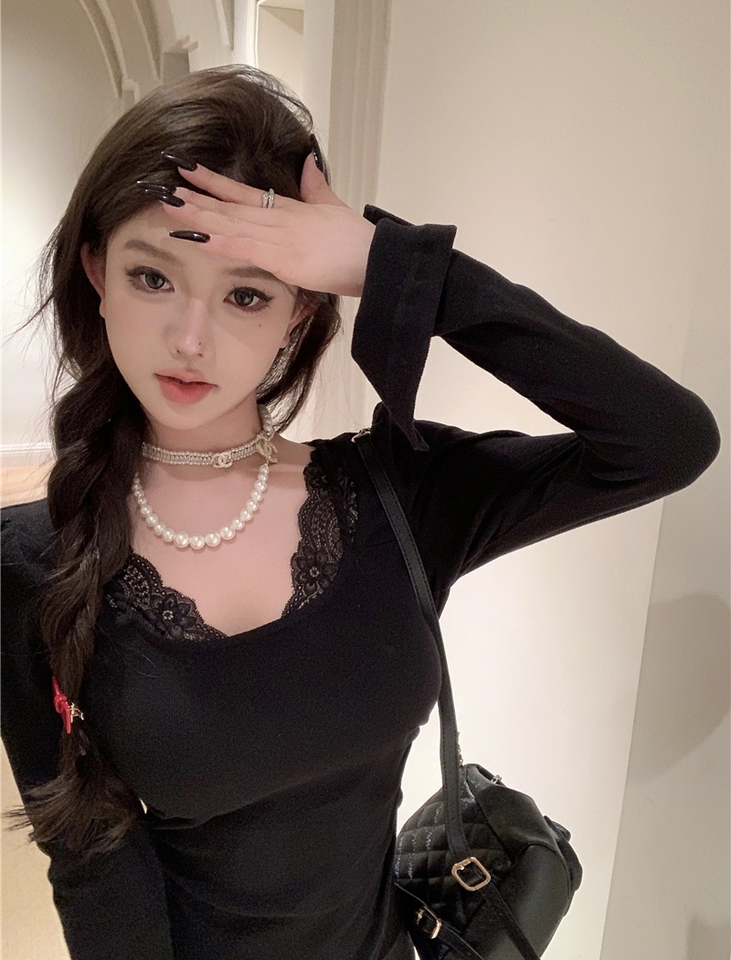 Lace Pseudo-two splice all-match slim short bottoming shirt