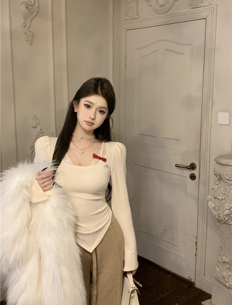 Lace Pseudo-two splice all-match slim short bottoming shirt