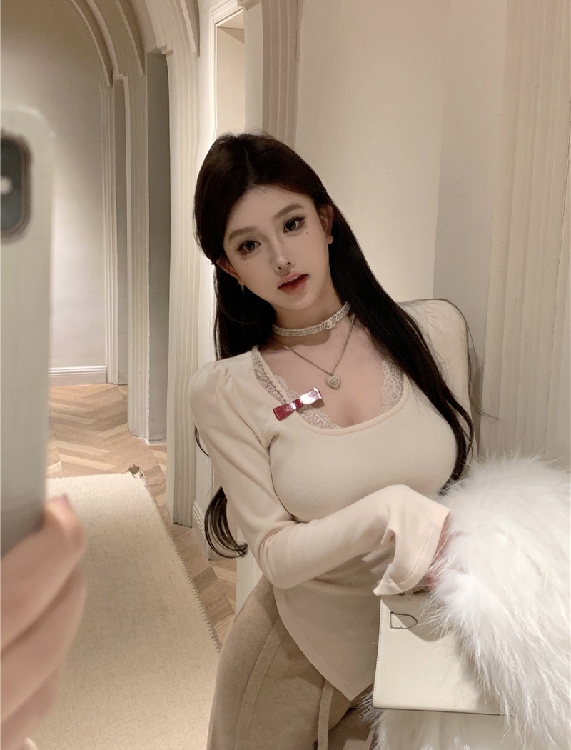 Lace Pseudo-two splice all-match slim short bottoming shirt