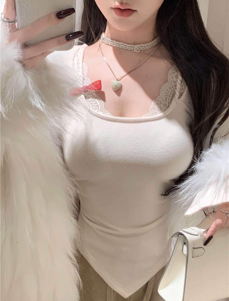 Lace Pseudo-two splice all-match slim short bottoming shirt