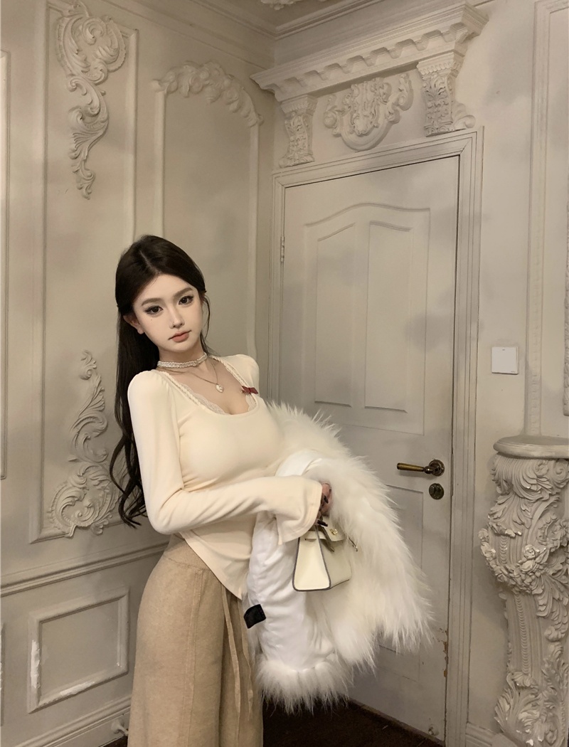 Lace Pseudo-two splice all-match slim short bottoming shirt