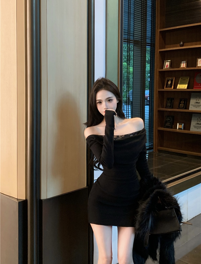 Slim lace sloping shoulder splice fold temperament dress