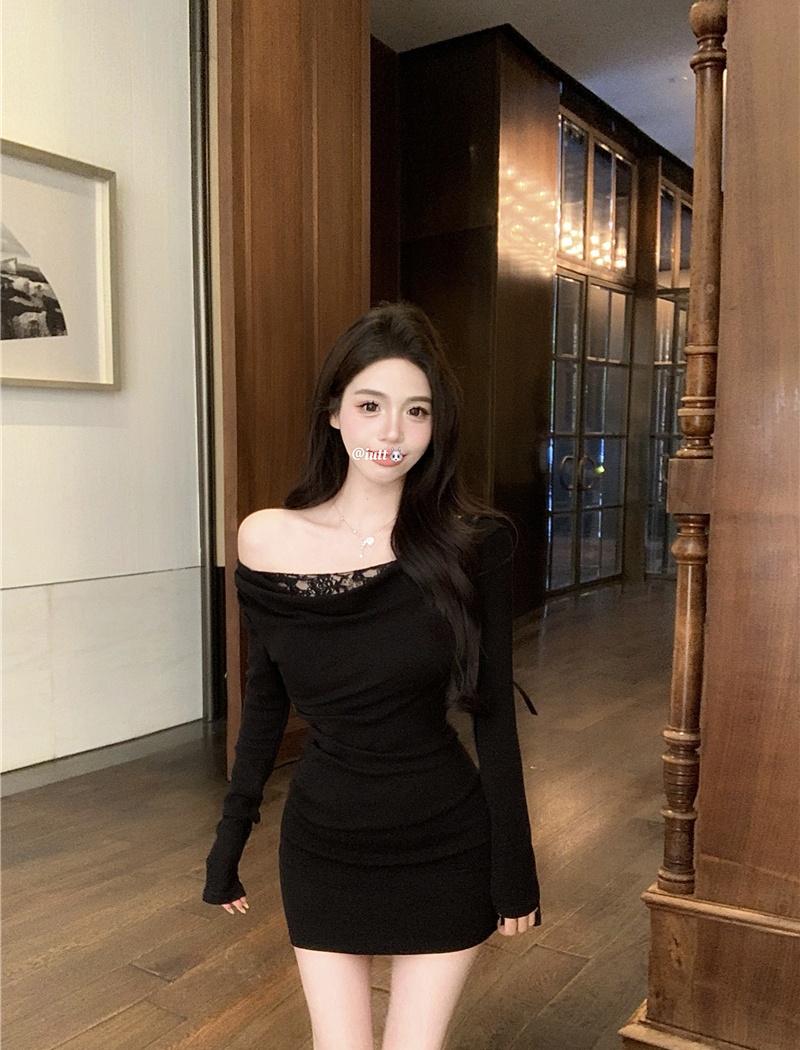 Slim lace sloping shoulder splice fold temperament dress