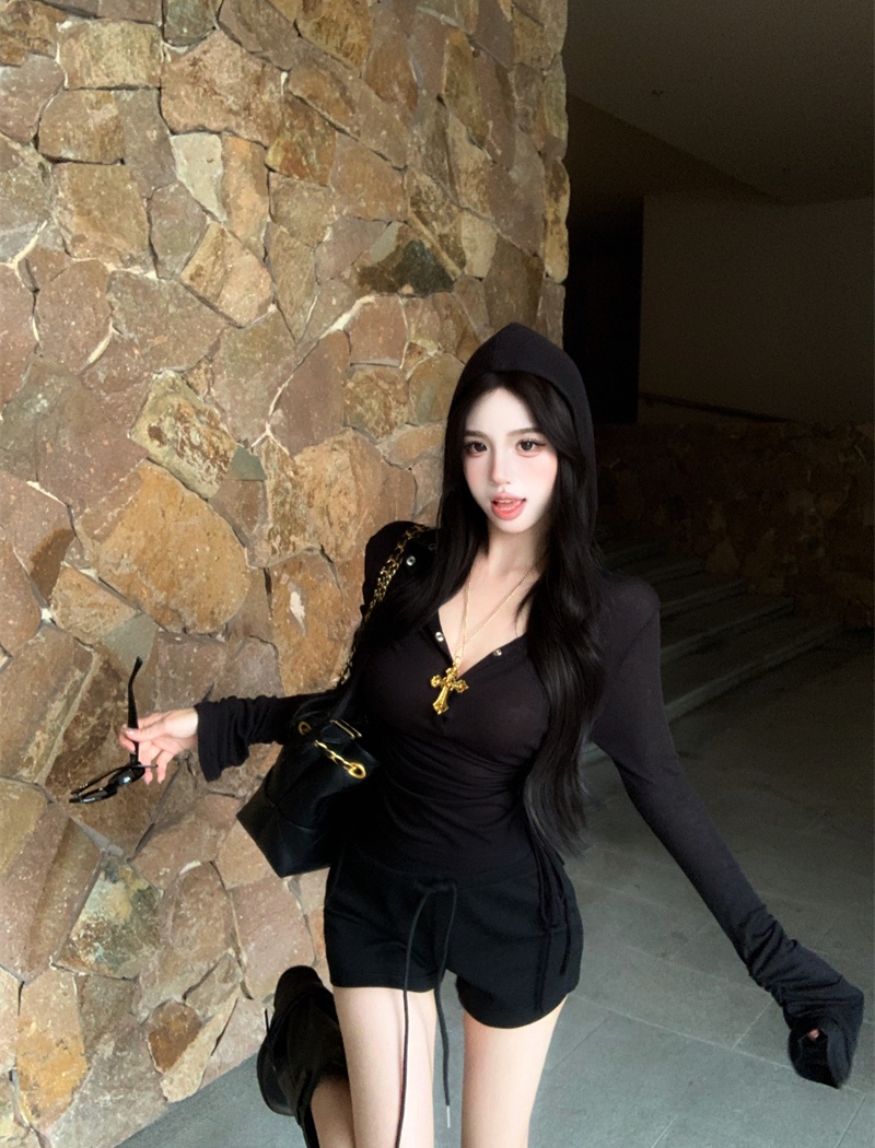 Hooded long sleeve tops autumn bottoming T-shirt for women