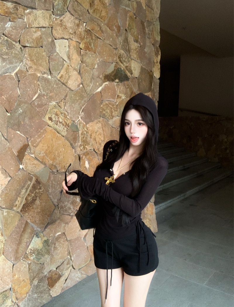 Hooded long sleeve tops autumn bottoming T-shirt for women