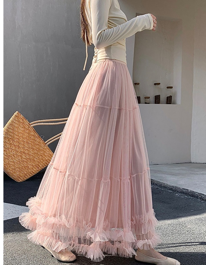 Fungus drape spring and summer A-line gauze high waist skirt