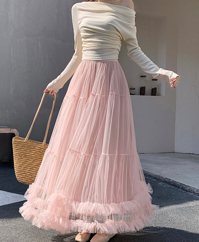 Fungus drape spring and summer A-line gauze high waist skirt