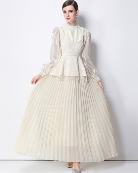 France style long sleeve pinched waist long dress