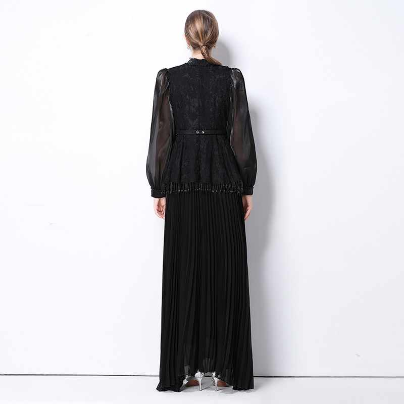 France style long sleeve pinched waist long dress