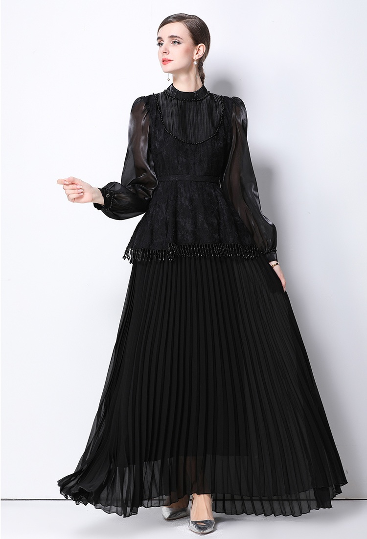 France style long sleeve pinched waist long dress